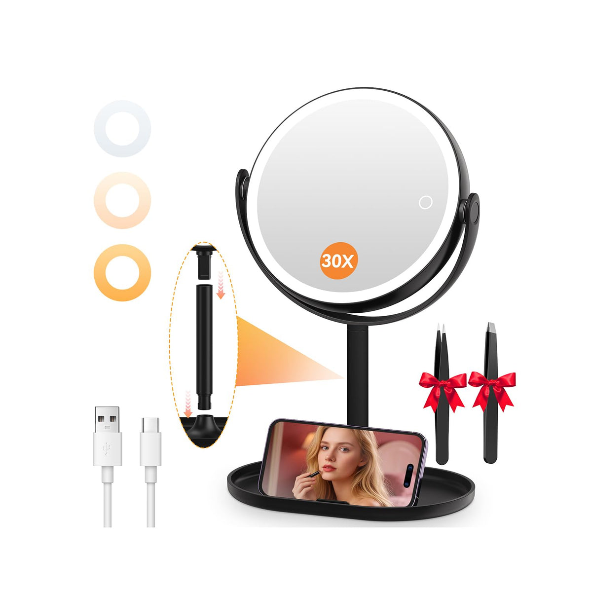 Auxmir 30X/1X Detachable Makeup Mirror with LED lights front view
