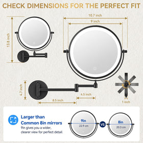 Auxmir 9-inch mirror demonstrating three lighting modes