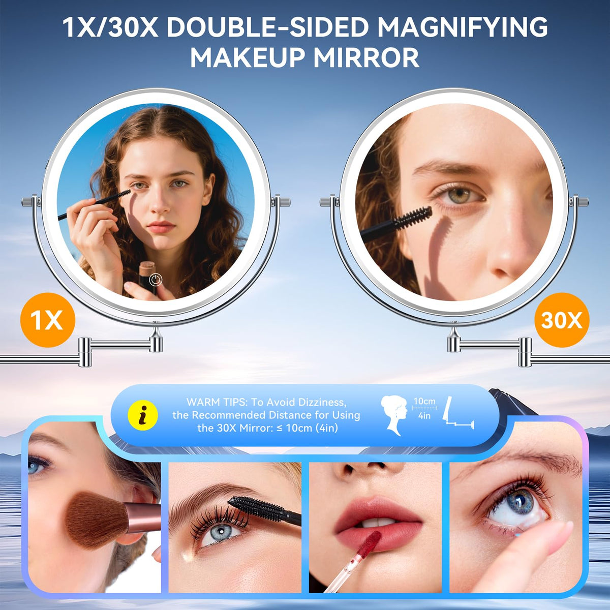 Auxmir 9-inch mirror showing 1X and 30X magnification
