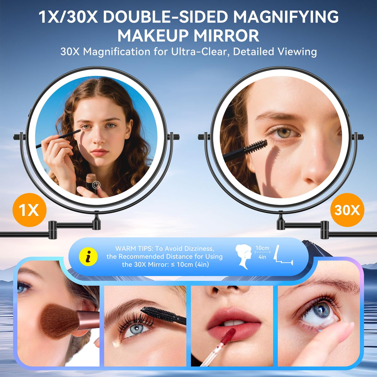 Auxmir 9-inch mirror showing 1X and 30X magnification features