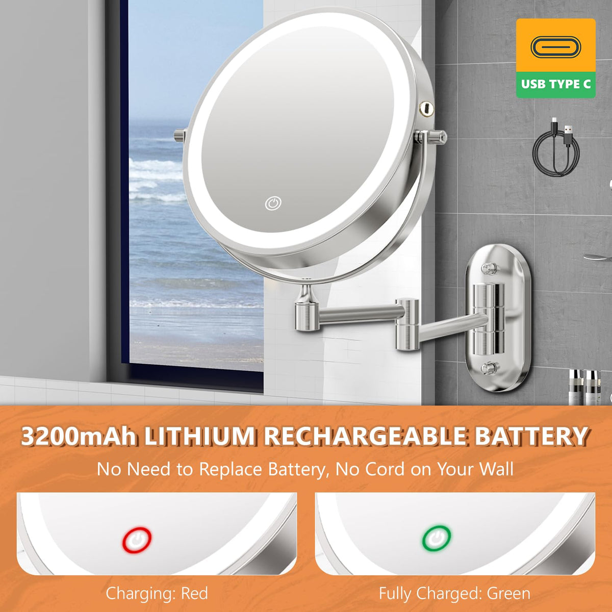 Auxmir wall mounted mirror showing 360-degree swivel feature