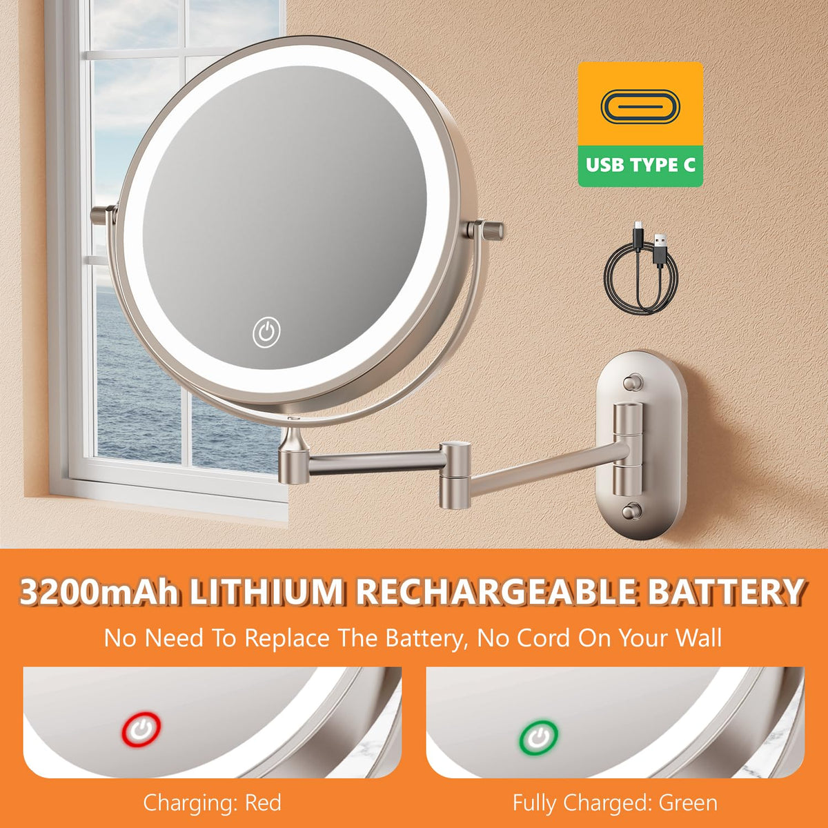 Auxmir wall mounted mirror with warm white LED lighting