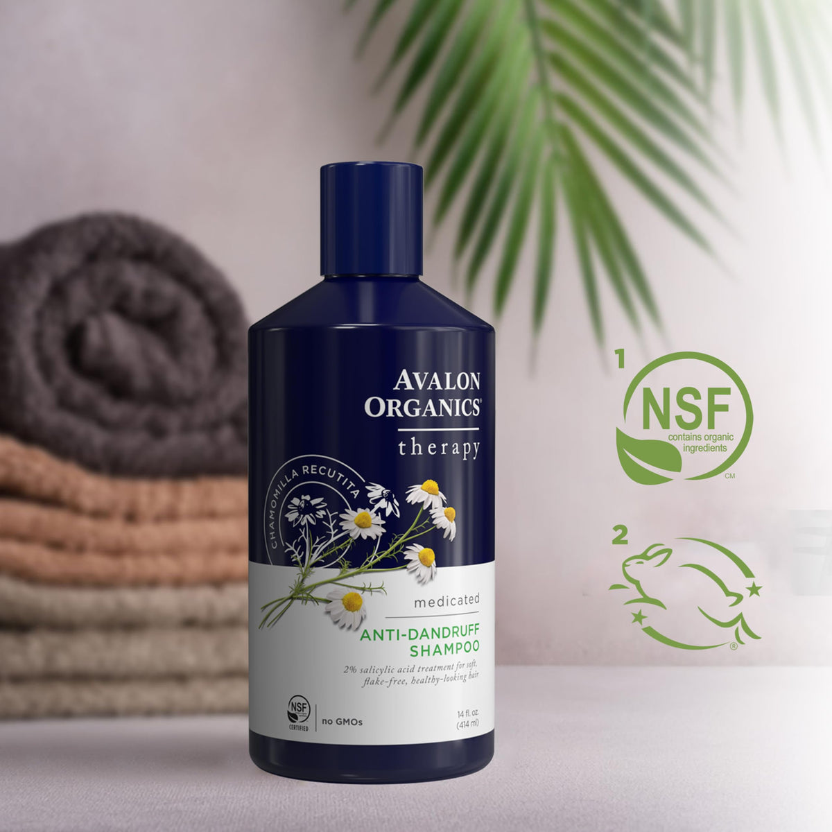Avalon Organics Anti-Dandruff Shampoo 14oz on a bathroom shelf