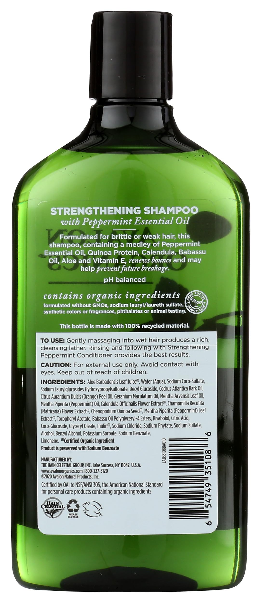 Avalon Organics Strengthening Peppermint Shampoo 11 oz back view
