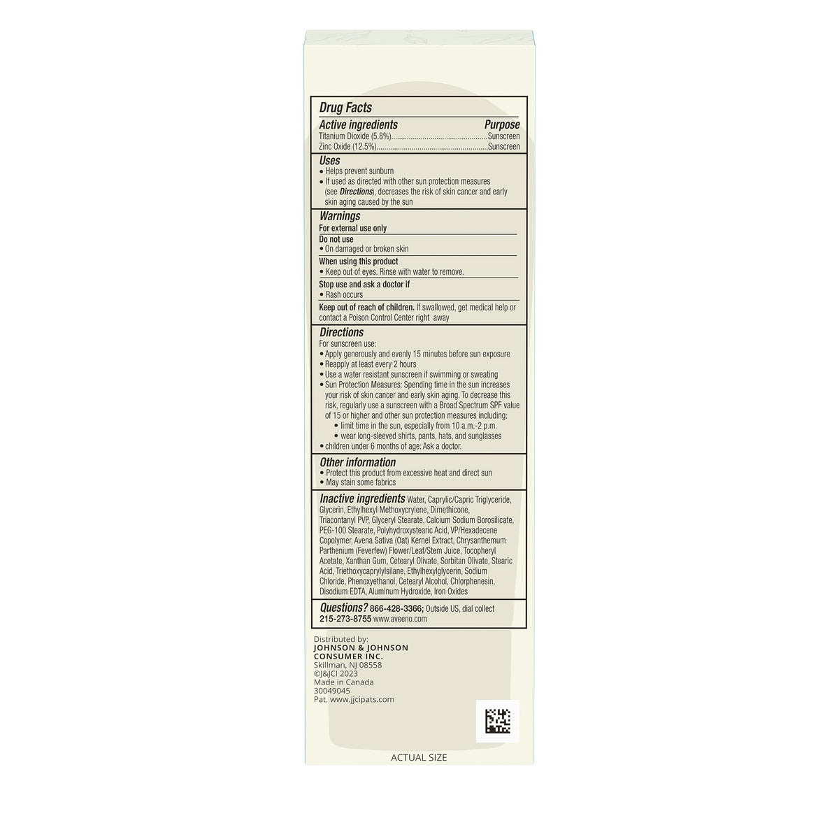 Aveeno Calm + Restore Daily Moisturizer Mineral Sunscreen ingredients list
