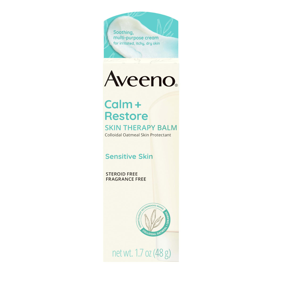 Aveeno Calm + Restore Skin Therapy Balm application on hand