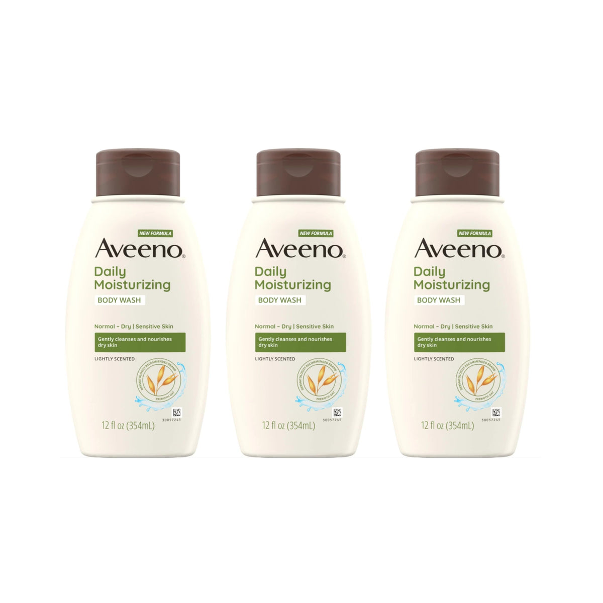 Aveeno Daily Moisturizing Body Wash pack of three 12 Fl. Oz bottles front view