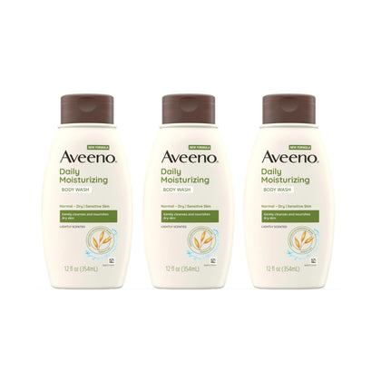 Aveeno Daily Moisturizing Body Wash pack of three 12 Fl. Oz bottles front view