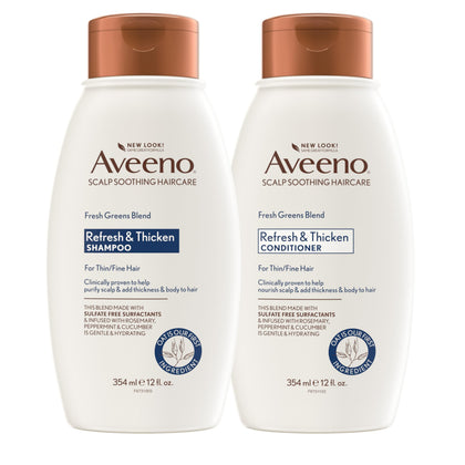 Aveeno Fresh Greens Shampoo and Conditioner Set front view with 12 Fl Oz bottles