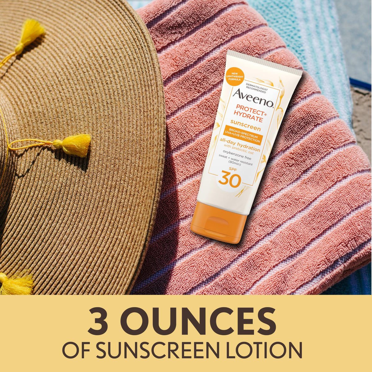 Aveeno Protect + Hydrate SPF 30 Sunscreen Lotion on a beach