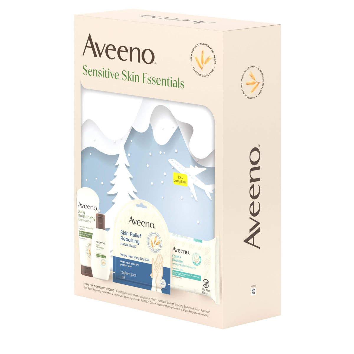 Aveeno Sensitive Skin Essentials Gift Set arranged on a bathroom counter