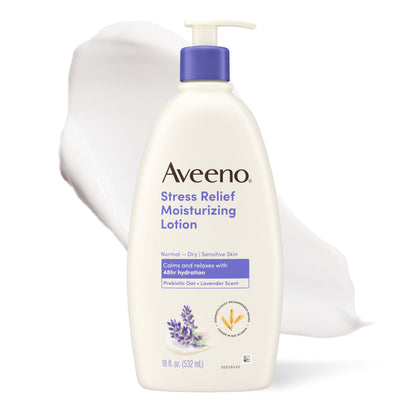 Aveeno Stress Relief Body Lotion 18 Fl Oz front view with lavender scent