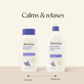 Aveeno Stress Relief Body Lotion with lavender scent bottle on a shelf