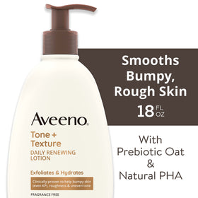 Aveeno Tone + Texture Renewing Body Lotion back view with ingredients