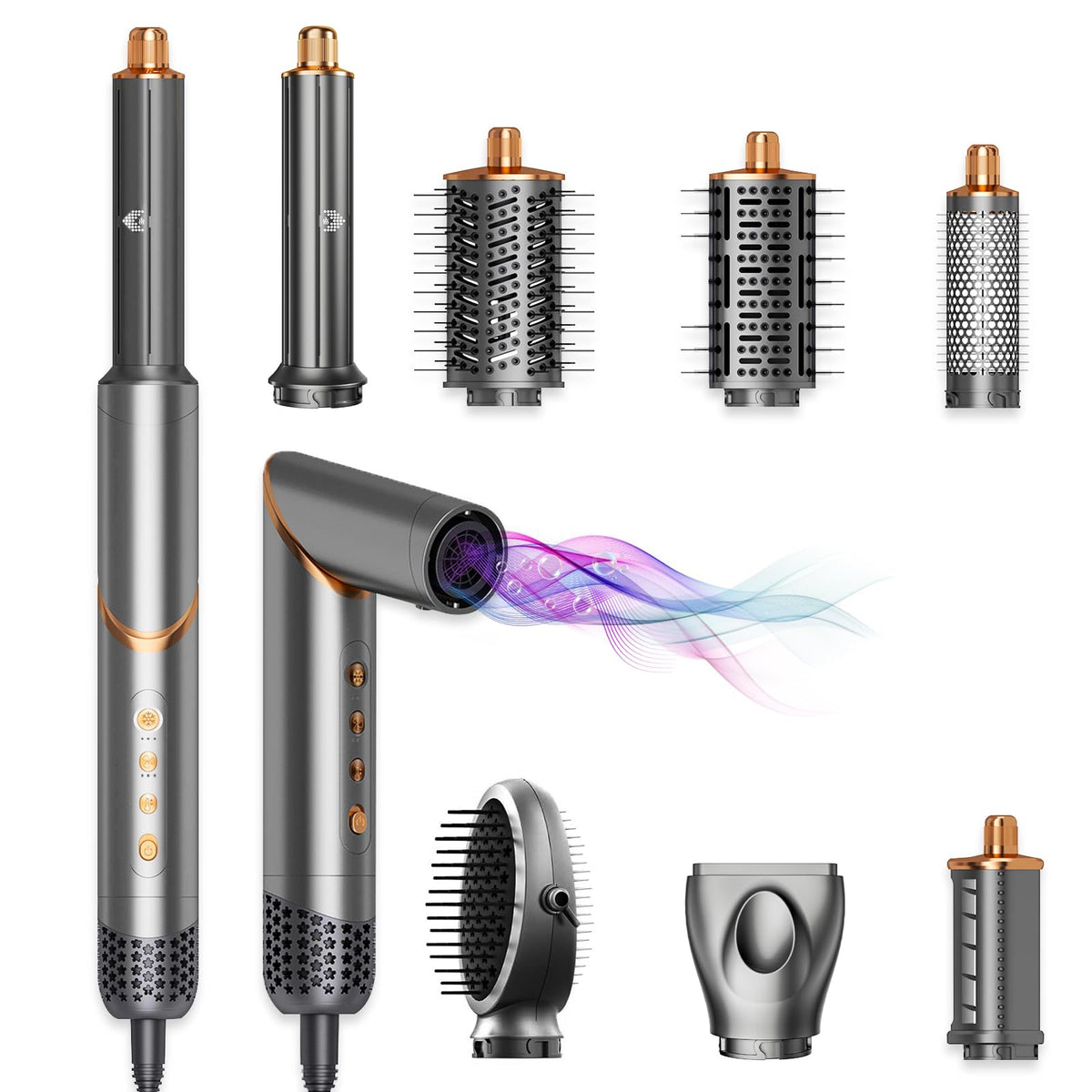 AVENHO 8-in-1 Hot Air Styler front view with attachments