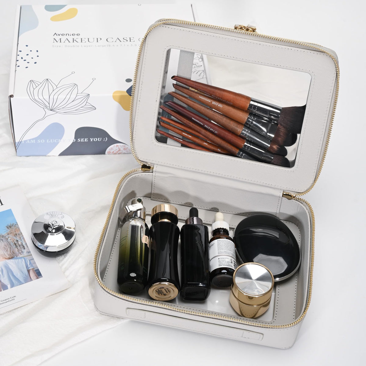 Aveniee Clear Makeup Bag displayed on a bathroom counter