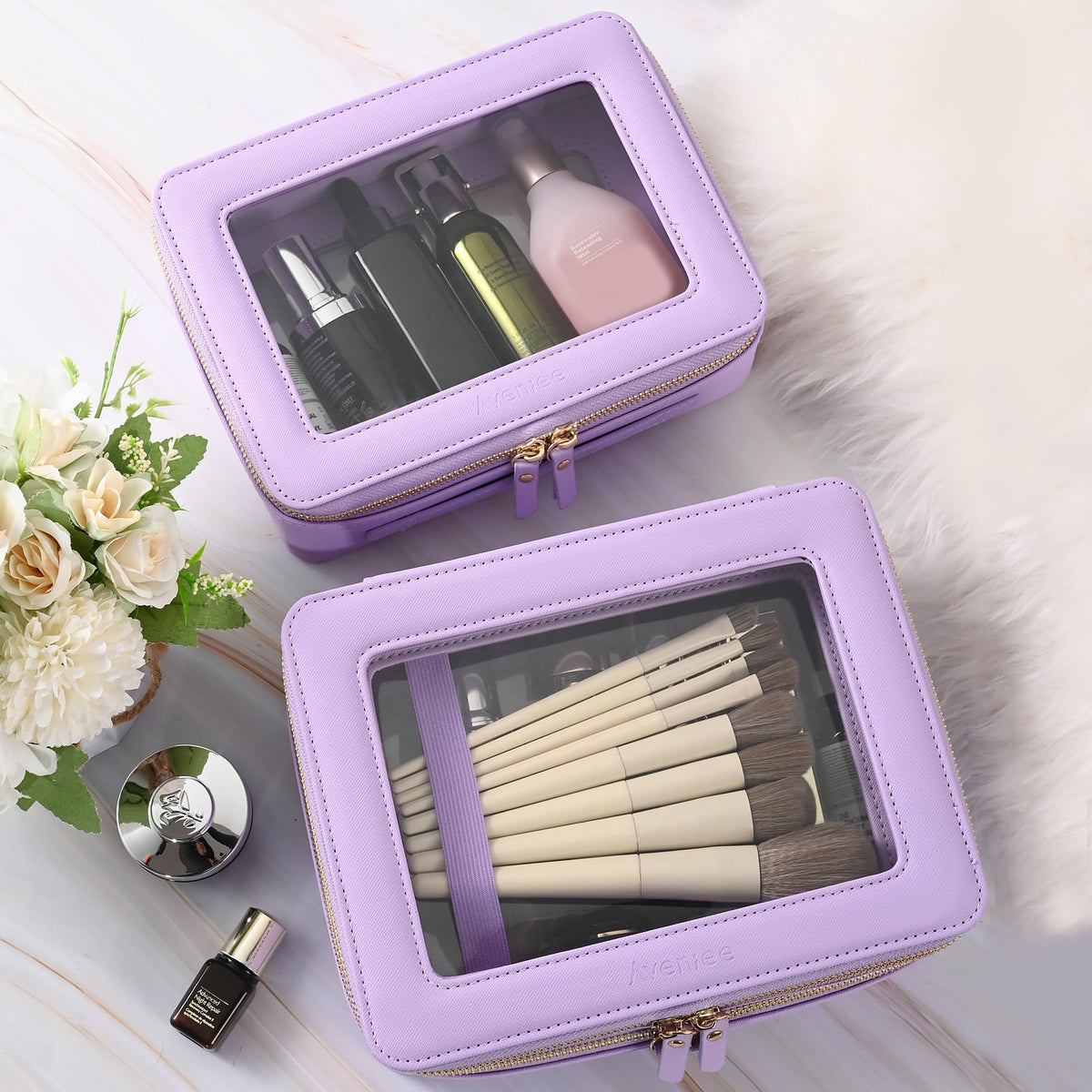 Aveniee Clear Makeup Bag lifestyle scene on bathroom counter