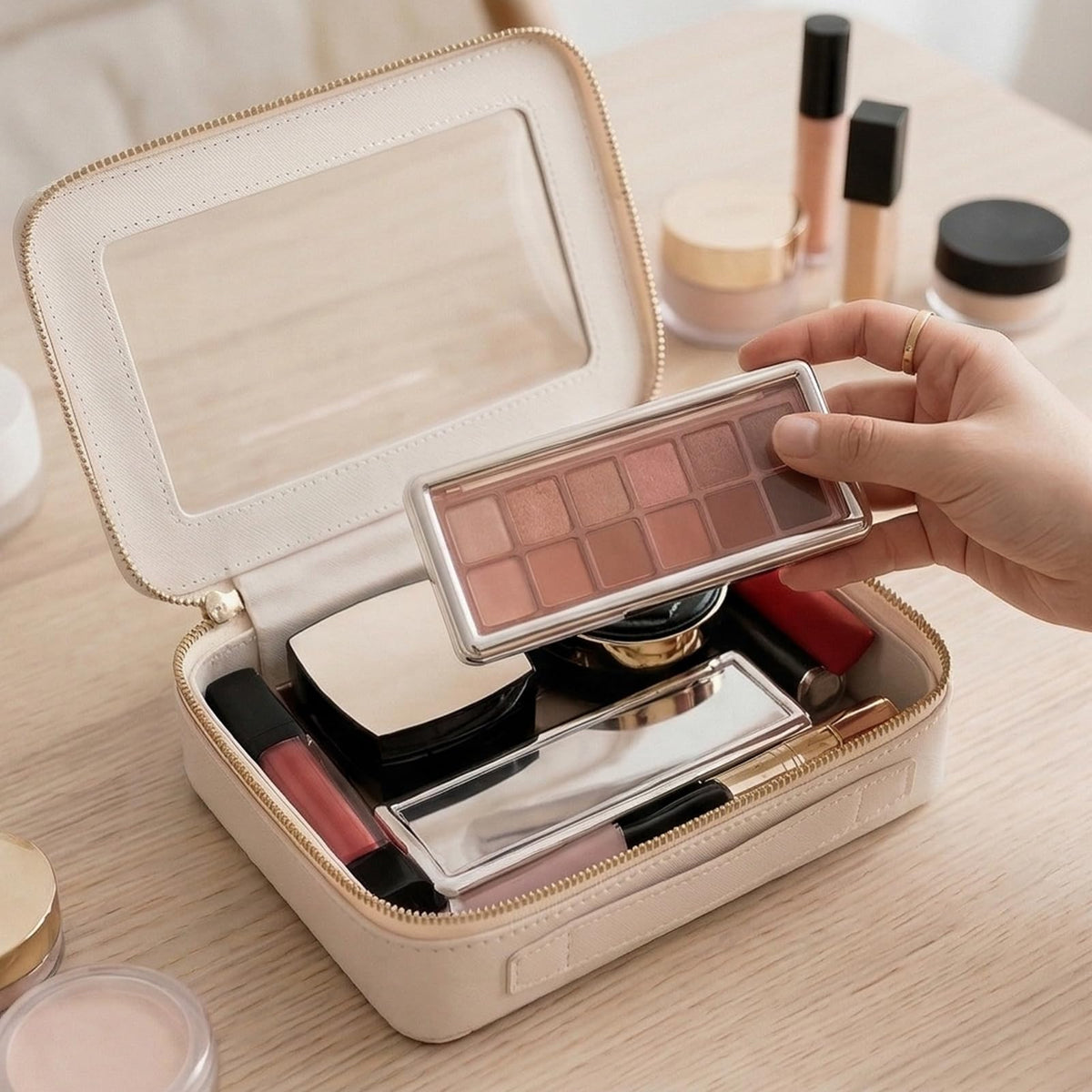 Aveniee Clear Makeup Bag Organizer dimensions on a ruler