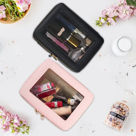 Aveniee Clear Makeup Bag Organizer displayed on a bathroom counter
