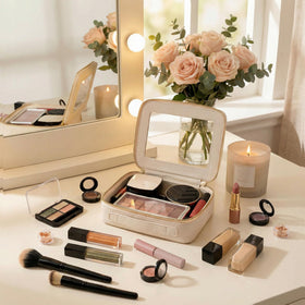 Aveniee Clear Makeup Bag Organizer displayed on a vanity