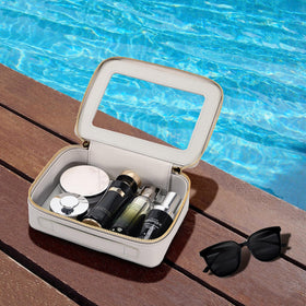 Aveniee Clear Makeup Bag Organizer displayed with beauty accessories