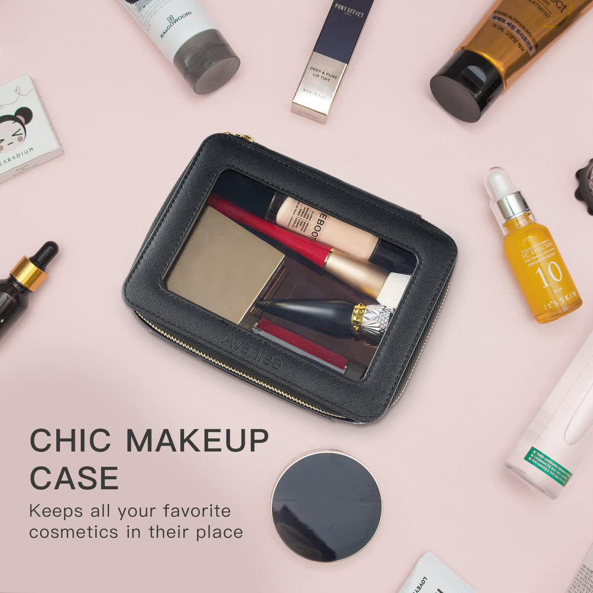 Aveniee Clear Makeup Bag Organizer lifestyle scene with travel items