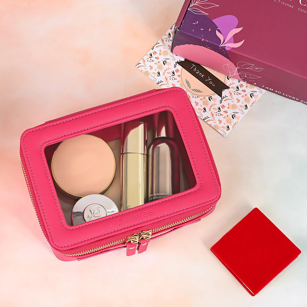 Aveniee Clear Makeup Bag Organizer lifestyle shot on a bathroom counter