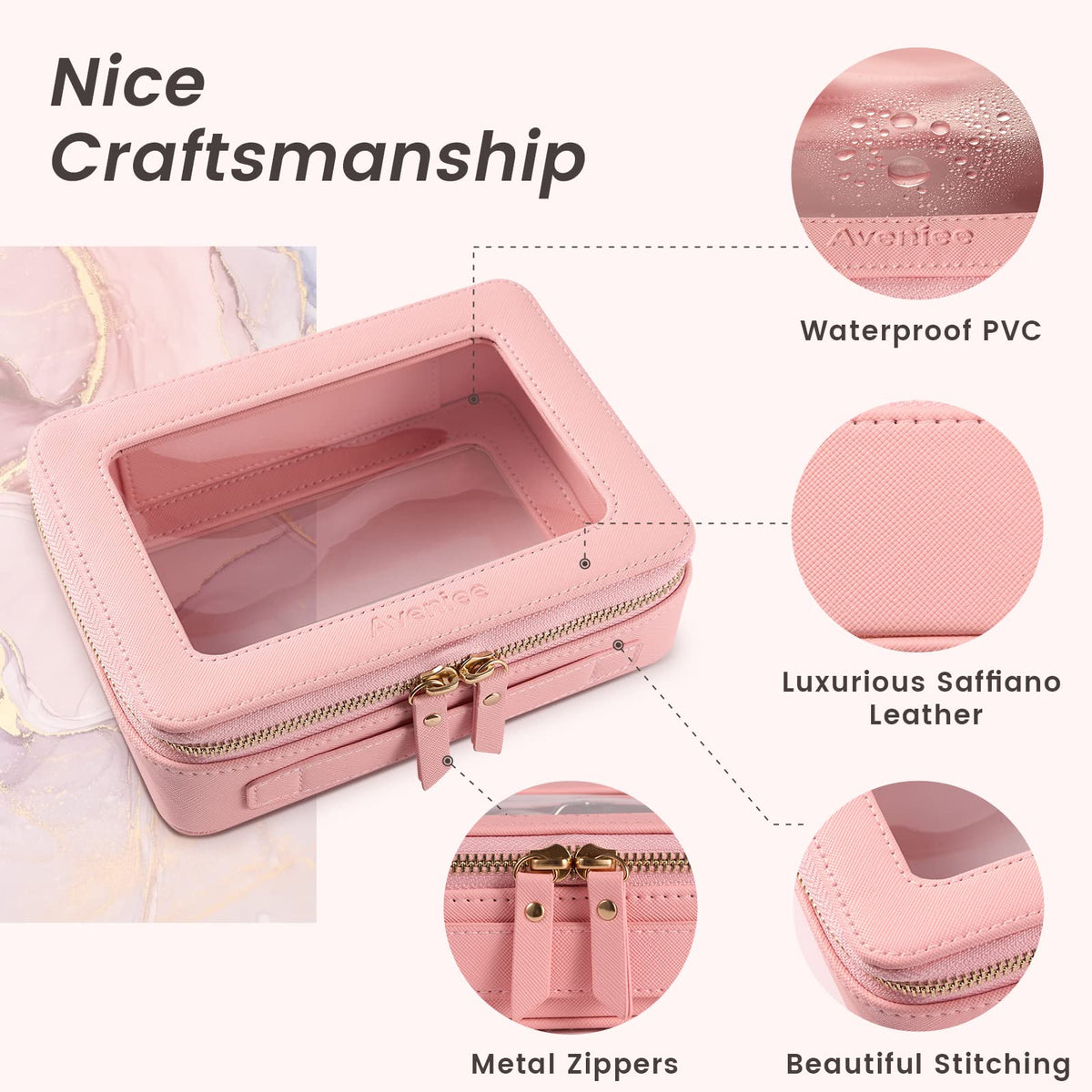 Aveniee Clear Makeup Bag Organizer open with contents visible