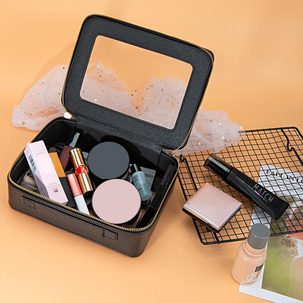 Aveniee Clear Makeup Bag Organizer open with cosmetics inside
