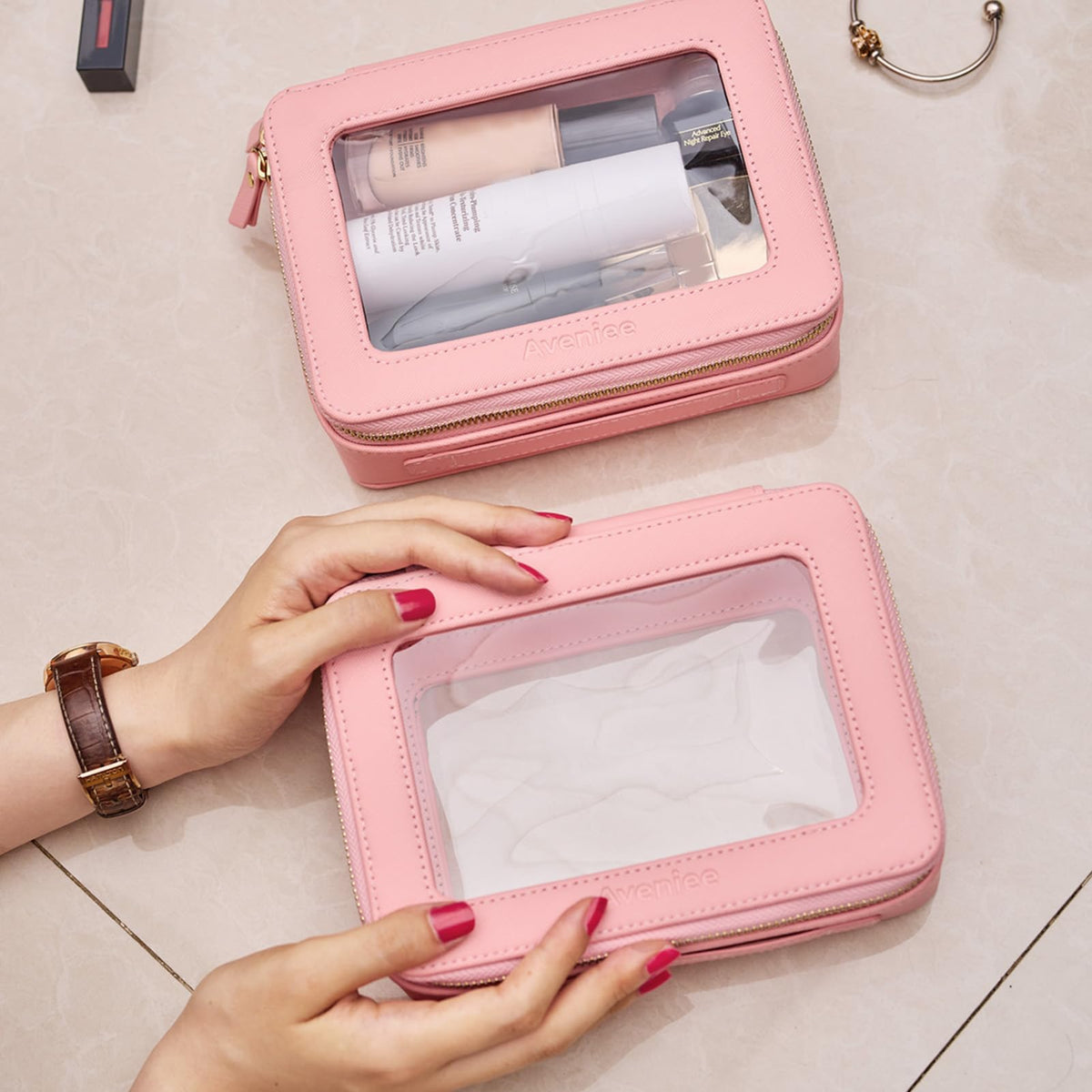Aveniee Clear Makeup Bag Organizer Set displayed on a vanity