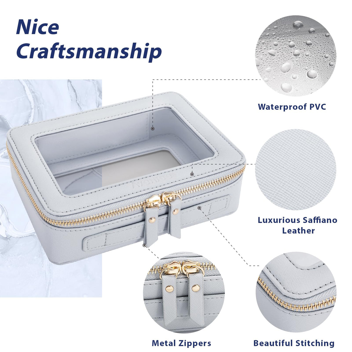 Aveniee Clear Makeup Bag Organizer Set small size front view in slate blue