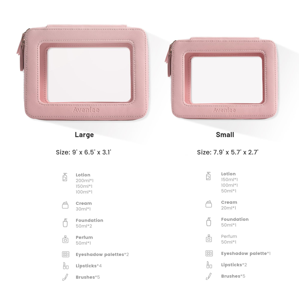 Aveniee Clear Makeup Bag Organizer Set with open zippers showing contents