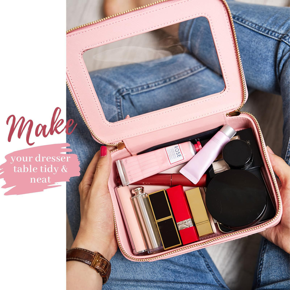 Aveniee Clear Makeup Bag Organizer Set with travel essentials inside