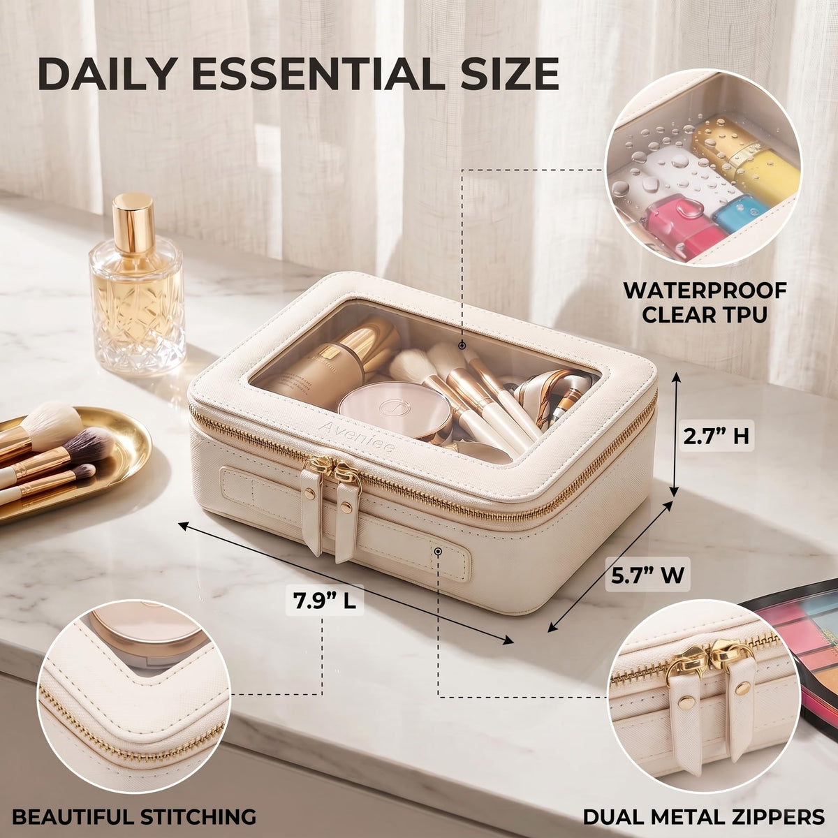 Aveniee Clear Makeup Bag Organizer side view showing zipper