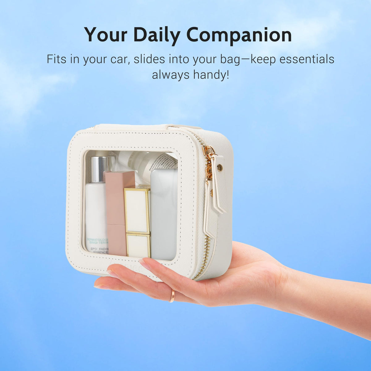 Aveniee Clear Makeup Bag Set displayed on a bathroom counter
