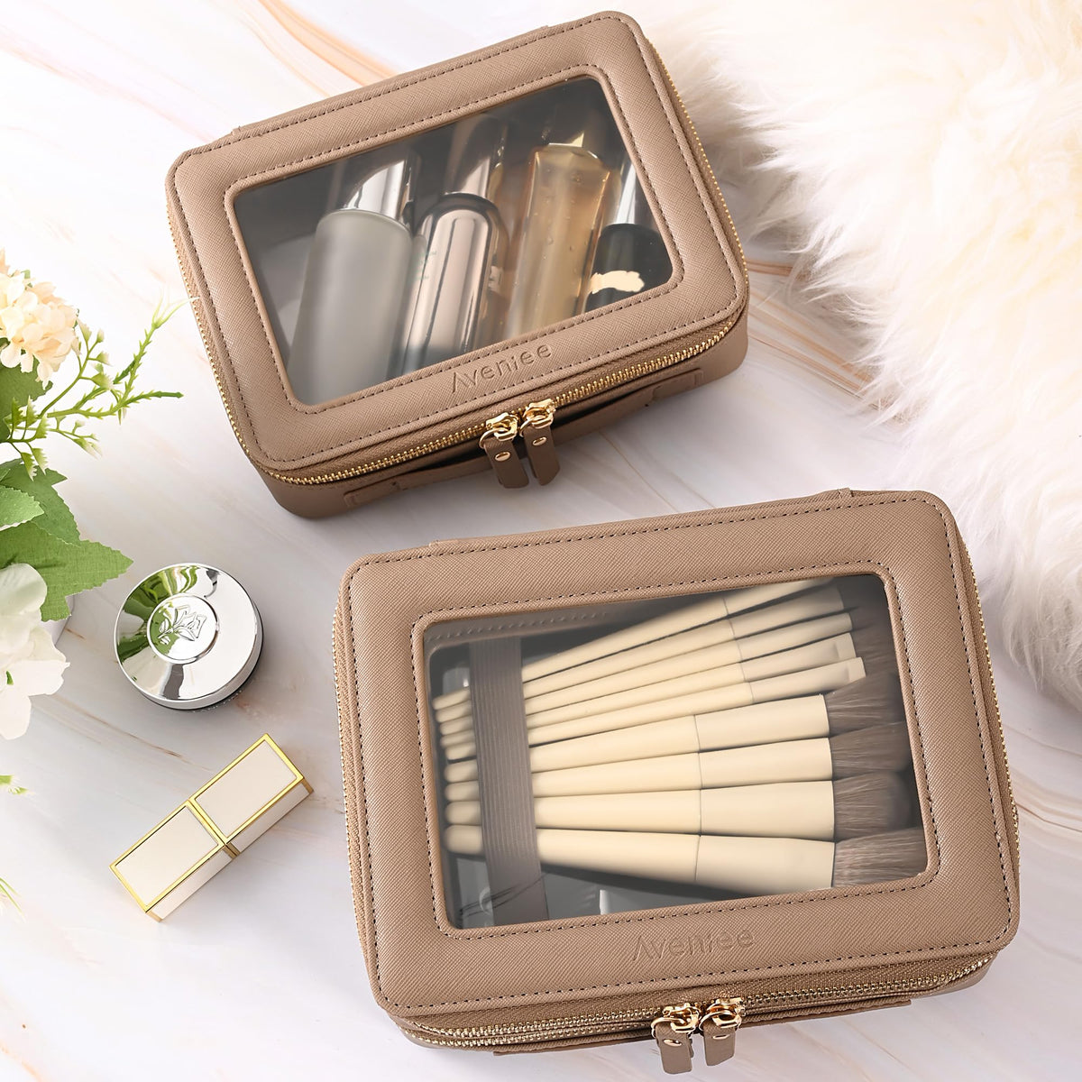 Aveniee Large Clear Makeup Bag in a travel setting