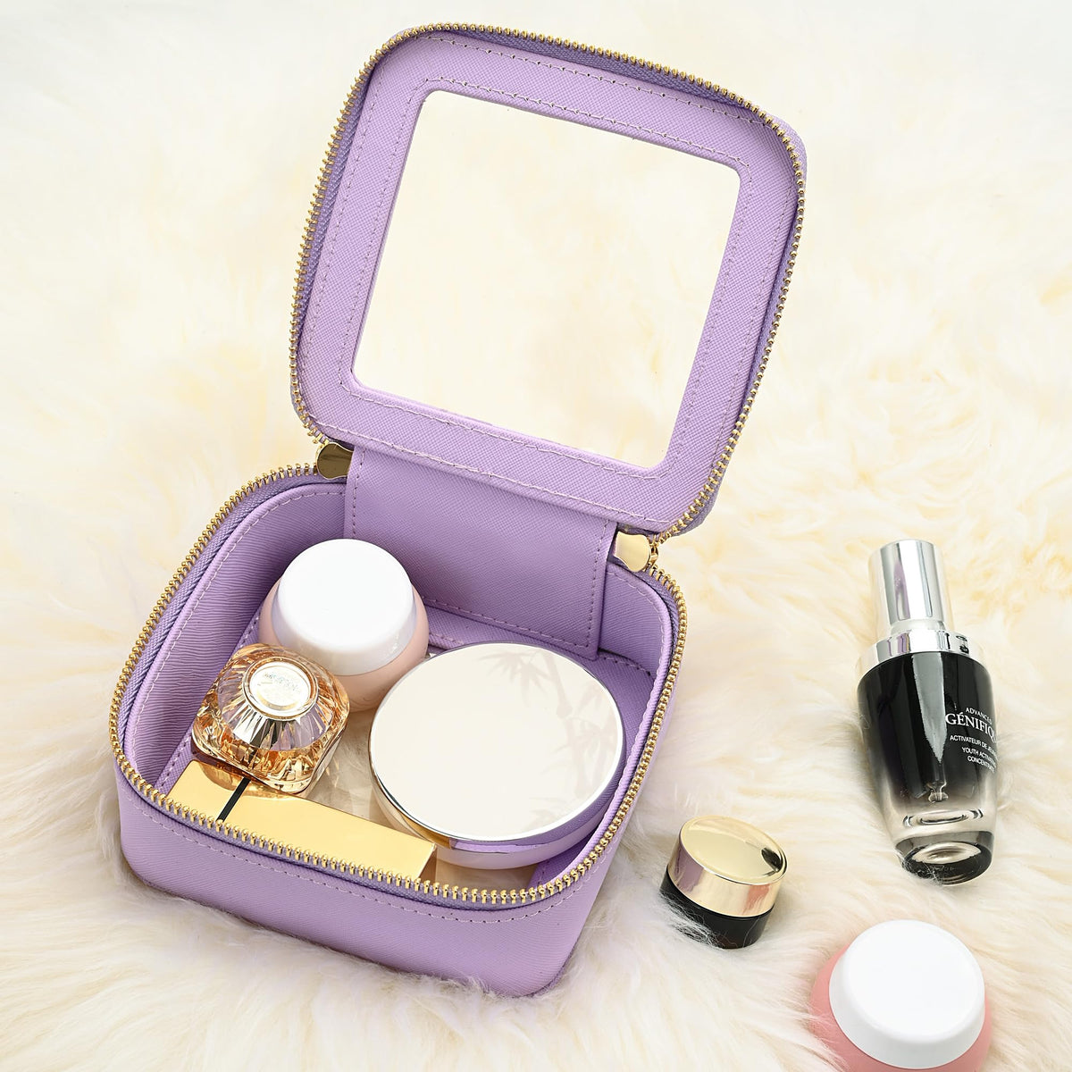 Aveniee Mini Clear Makeup Bag open with cosmetics inside