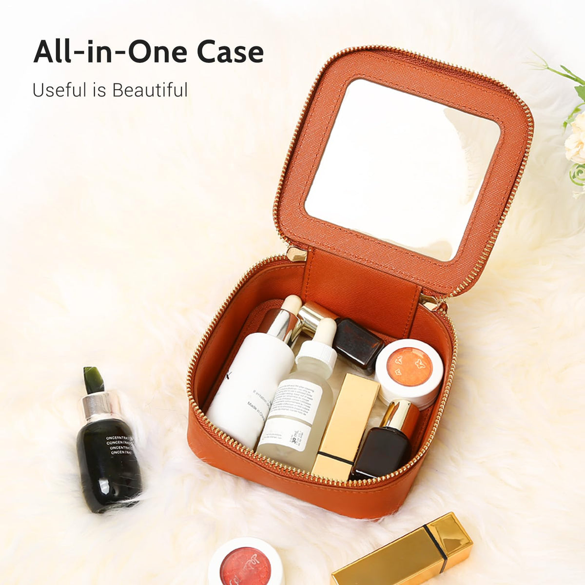 Aveniee Mini Clear Makeup Bag open with cosmetics inside
