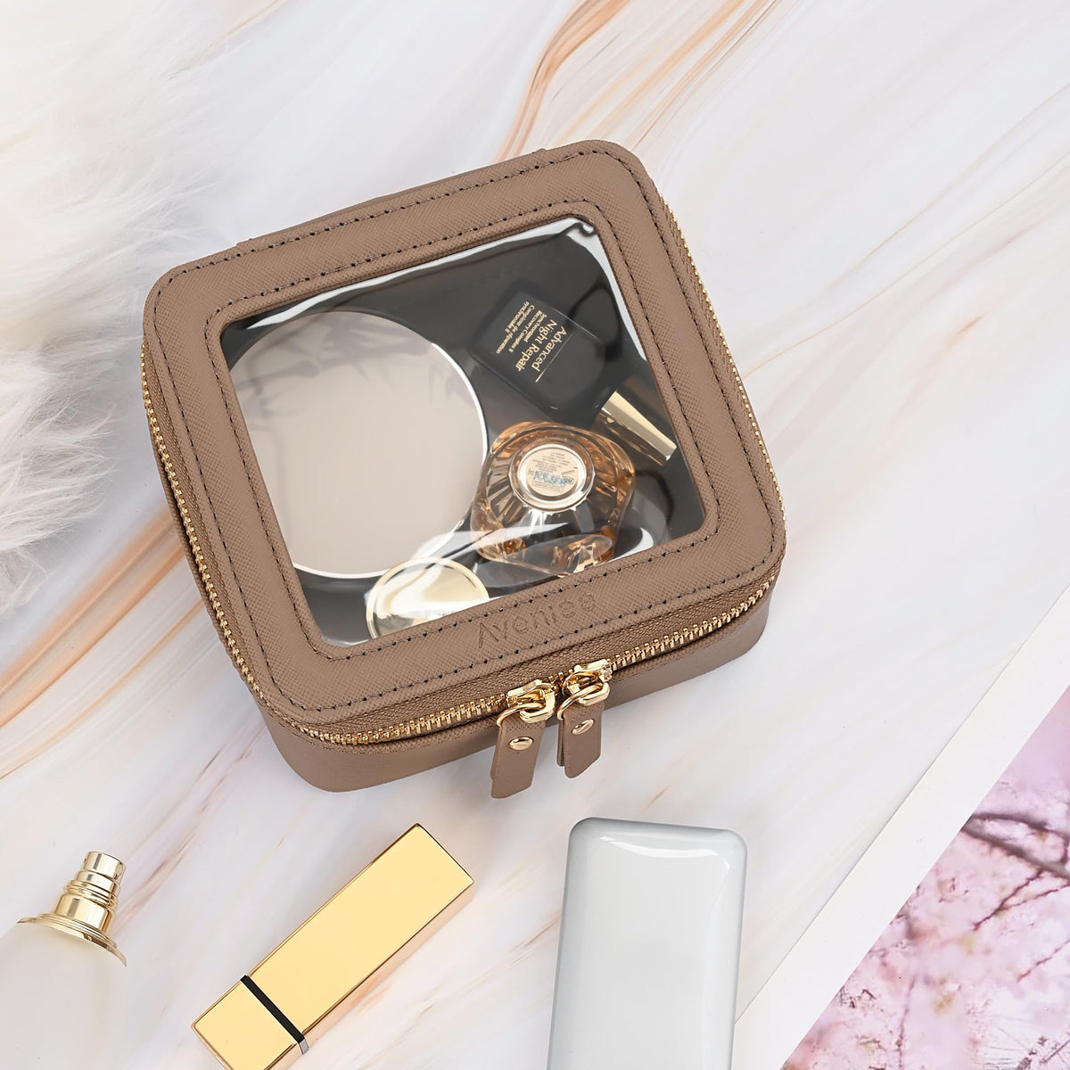 Aveniee Mini Clear Makeup Bag taupe interior view
