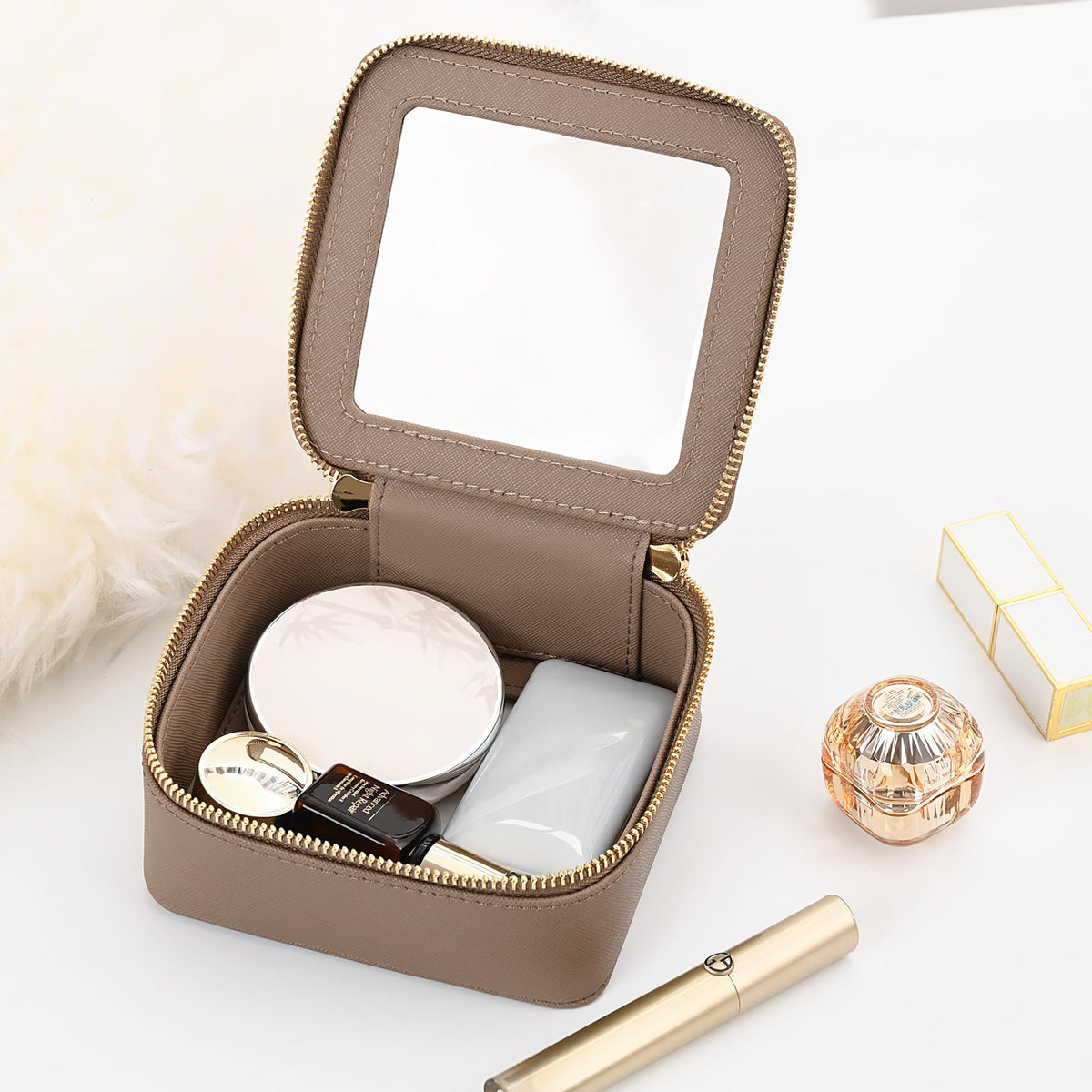 Aveniee Mini Clear Makeup Bag taupe side view