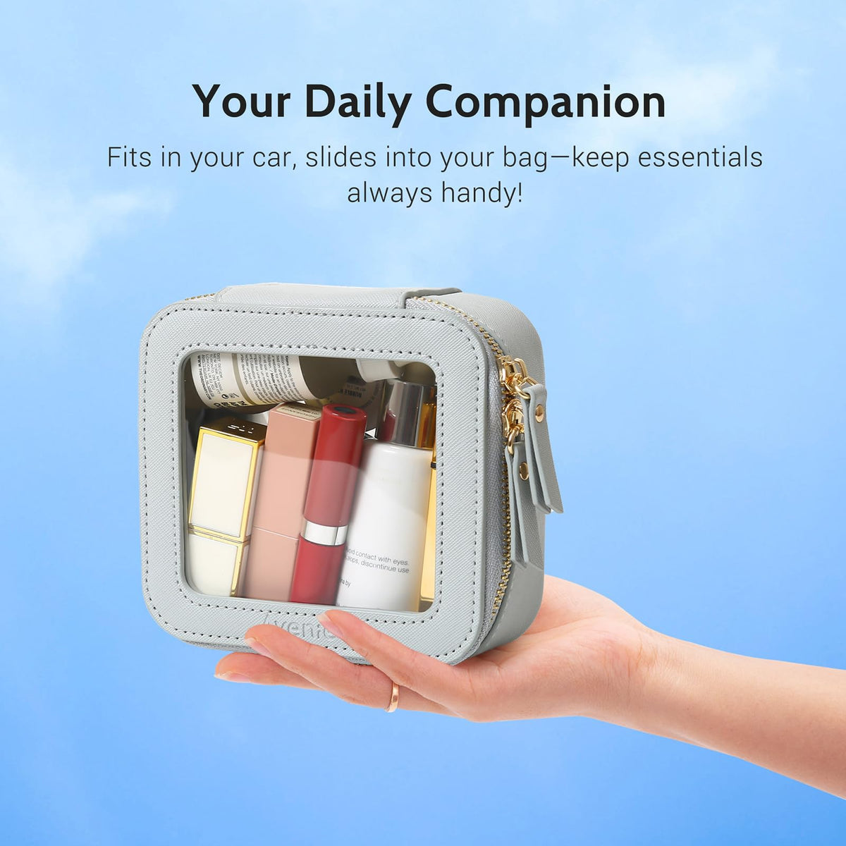Aveniee Mini Clear Makeup Bag with beauty essentials inside
