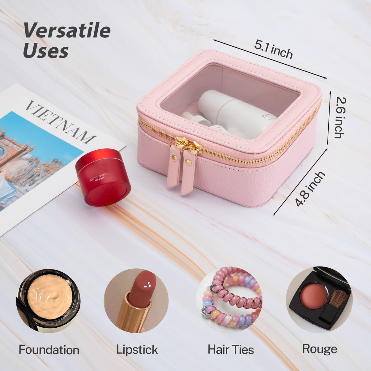 Aveniee Small Clear Makeup Bag open with cosmetics inside