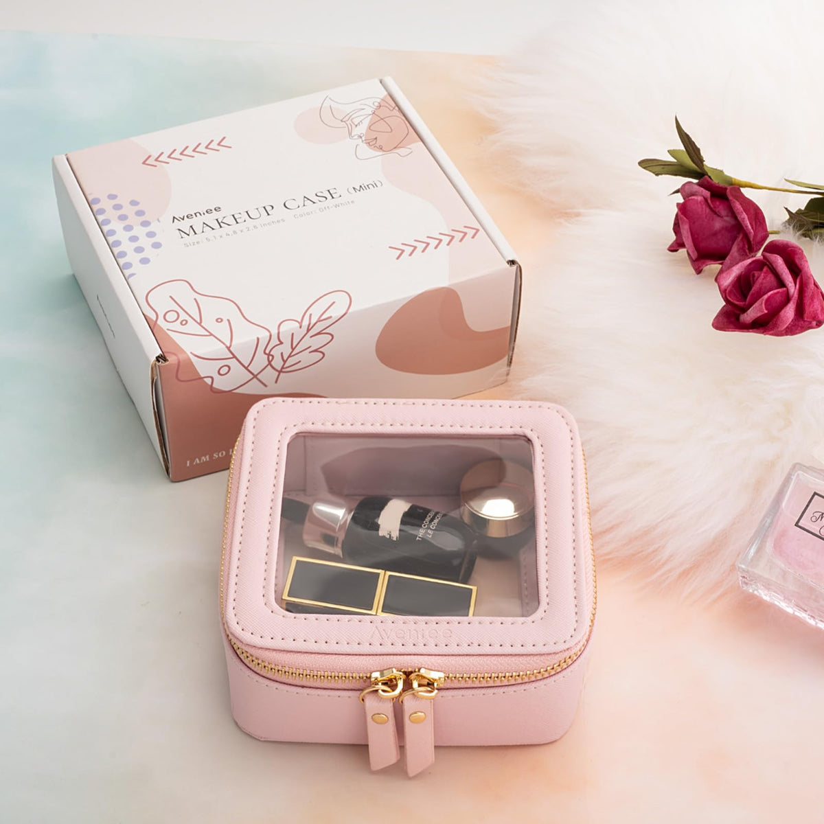 Aveniee Small Clear Makeup Bag with travel essentials