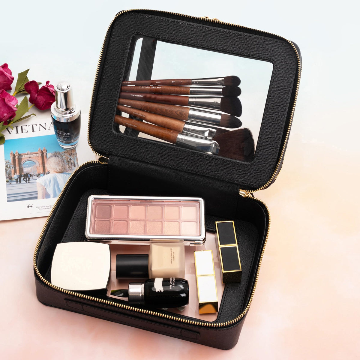 Aveniee XL Clear Makeup Organizer with makeup brushes and cosmetics inside