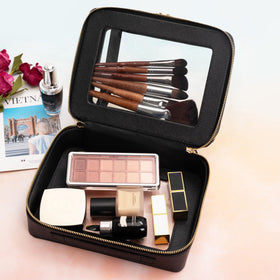 Aveniee XL Clear Makeup Organizer with makeup brushes and cosmetics inside