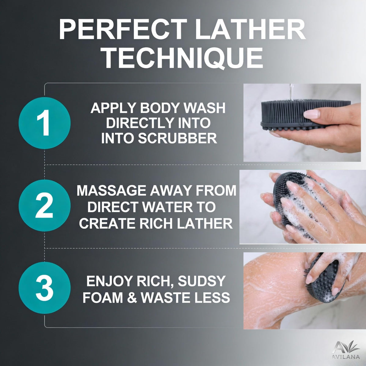 Avilana body scrubber and face brush set on a countertop
