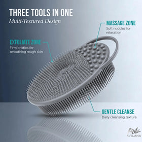 Avilana scrubber showing dual-sided design with firm bristles and massage nodules