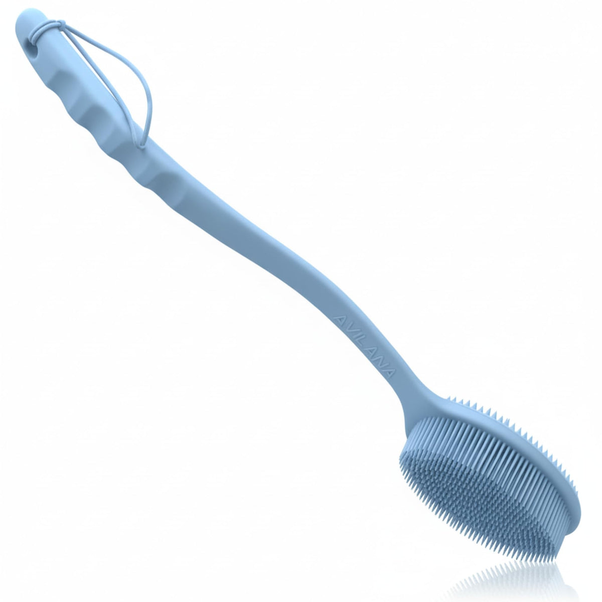 Avilana Silicone Body Scrubber blue model front view with long handle