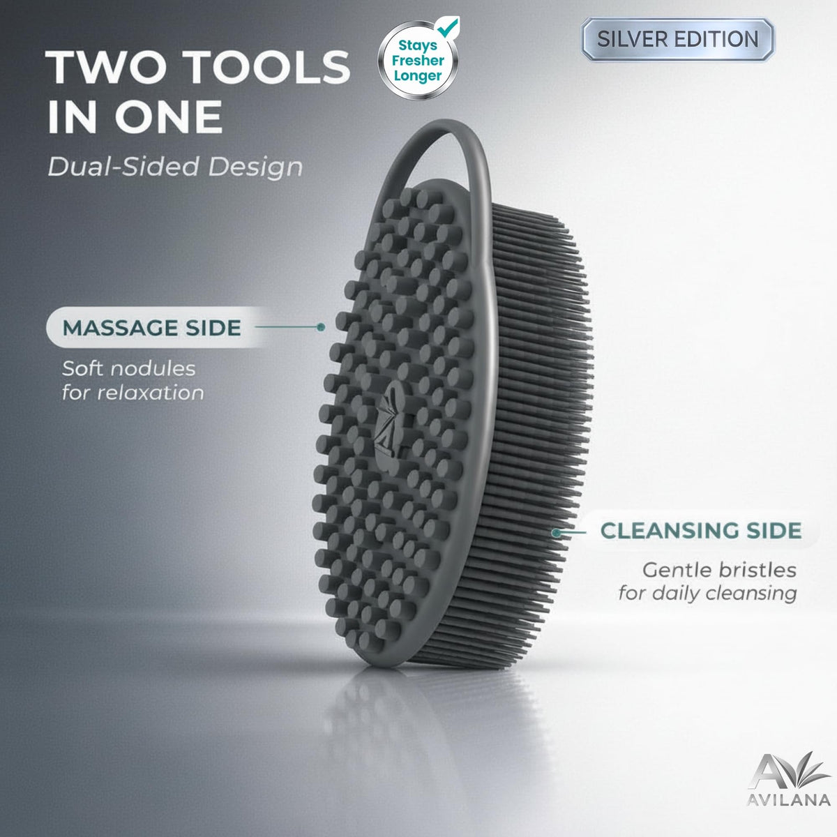 Avilana Silicone Body Scrubber displaying gentle bristles