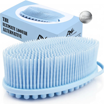 Avilana Silicone Body Scrubber front view in blue-silver